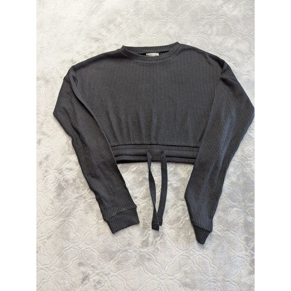 Gymshark Ribbed Wrap Crop Top Long Sleeve Tie Back Charcoal Gray XS